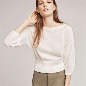 Anthropologie Knitted & Knotted Boatneck Sweater w/ Balloon Sleeves in Cream, S